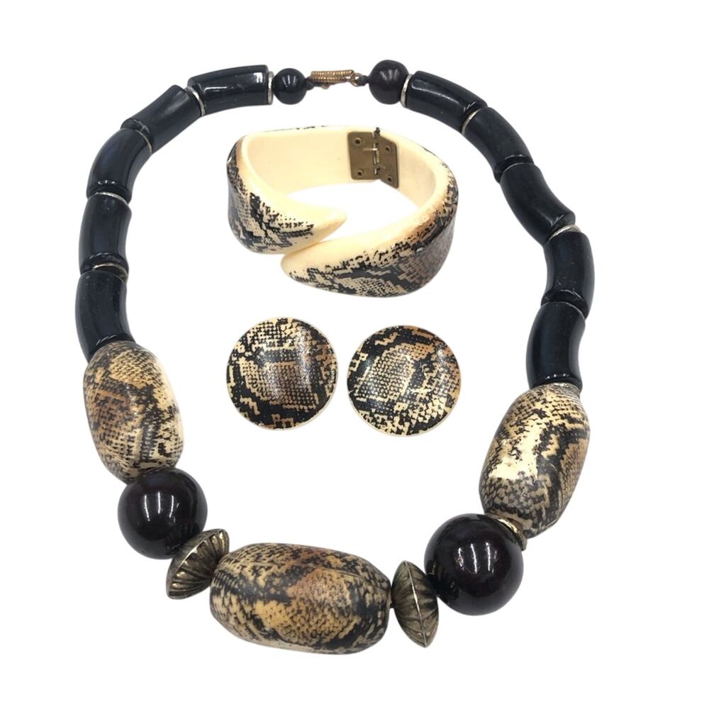 Vintage Black Tan Chunky Necklace Bracelet Earrings Set - Picture 4 of 16